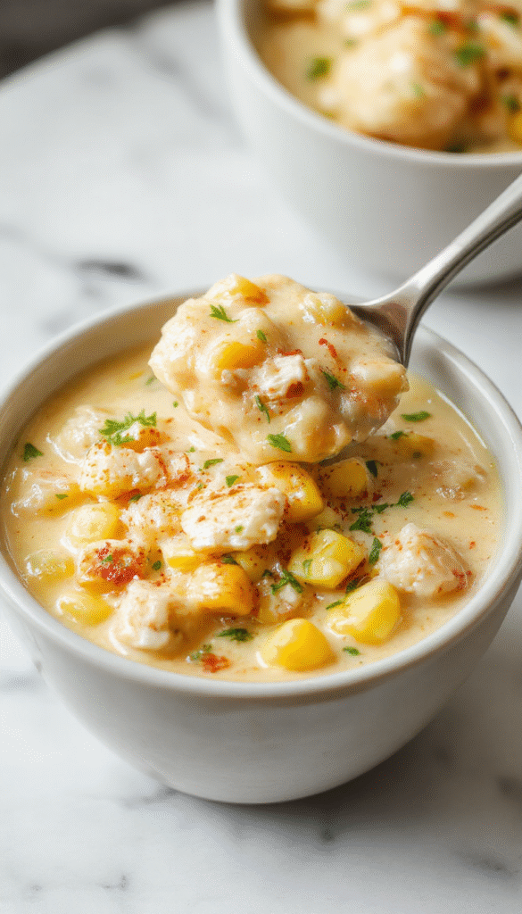 A vibrant bowl of creamy chicken corn chowder topped with fresh herbs and crispy bacon, served on a rustic wooden table with a spoon showcasing its rich, velvety texture and colorful ingredients like corn kernels, chunks of tender chicken, and a sprinkling of green herbs.