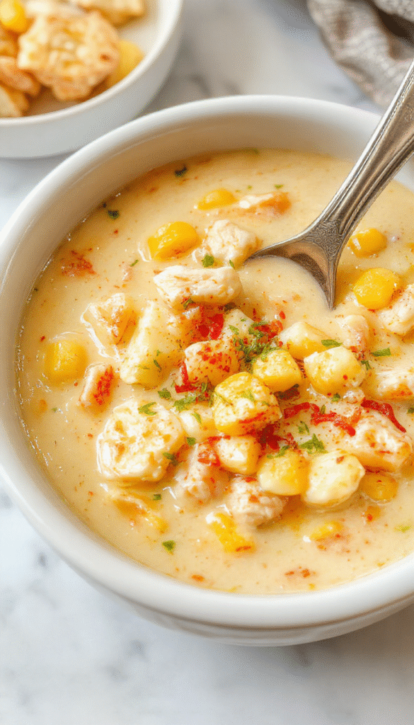 A steaming bowl of creamy chicken corn chowder garnished with chopped green onions and crispy bacon bits, served on a rustic wooden table with a spoon beside it, vibrant yellow corn and tender chunks of chicken visible in the thick, velvety white soup, styled with fresh herbs for a cozy and inviting look.