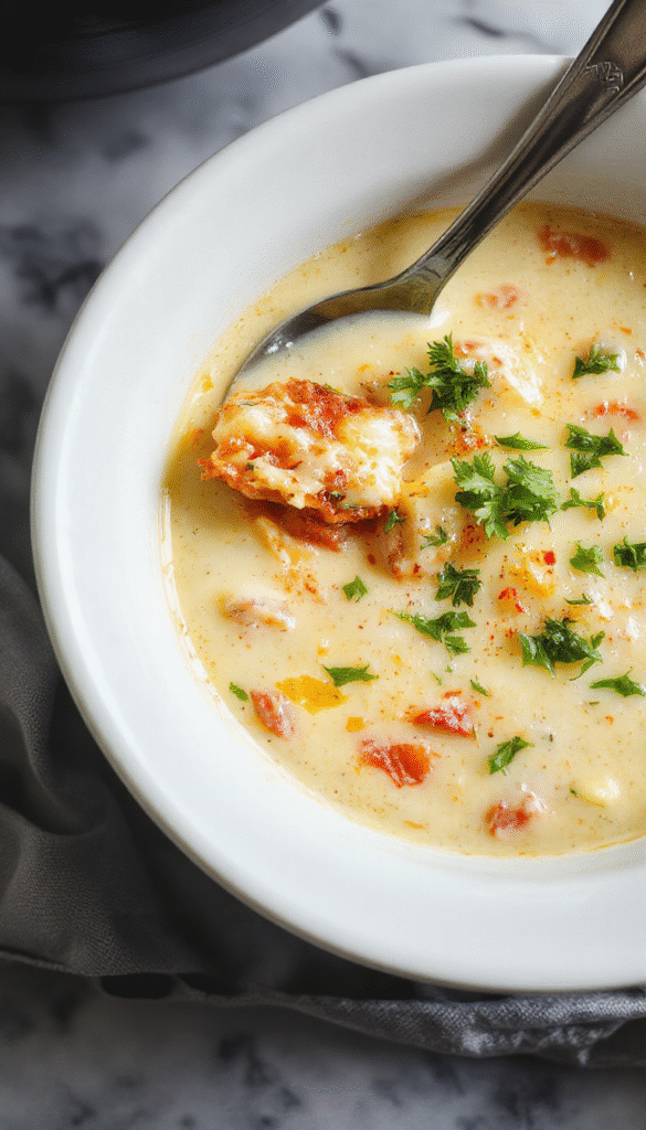 A vibrant bowl of crockpot lasagna soup featuring layers of melted cheese, savory meat, diced tomatoes, and fresh basil garnished on a rustic wooden table, steam rising, creating a warm inviting scene.