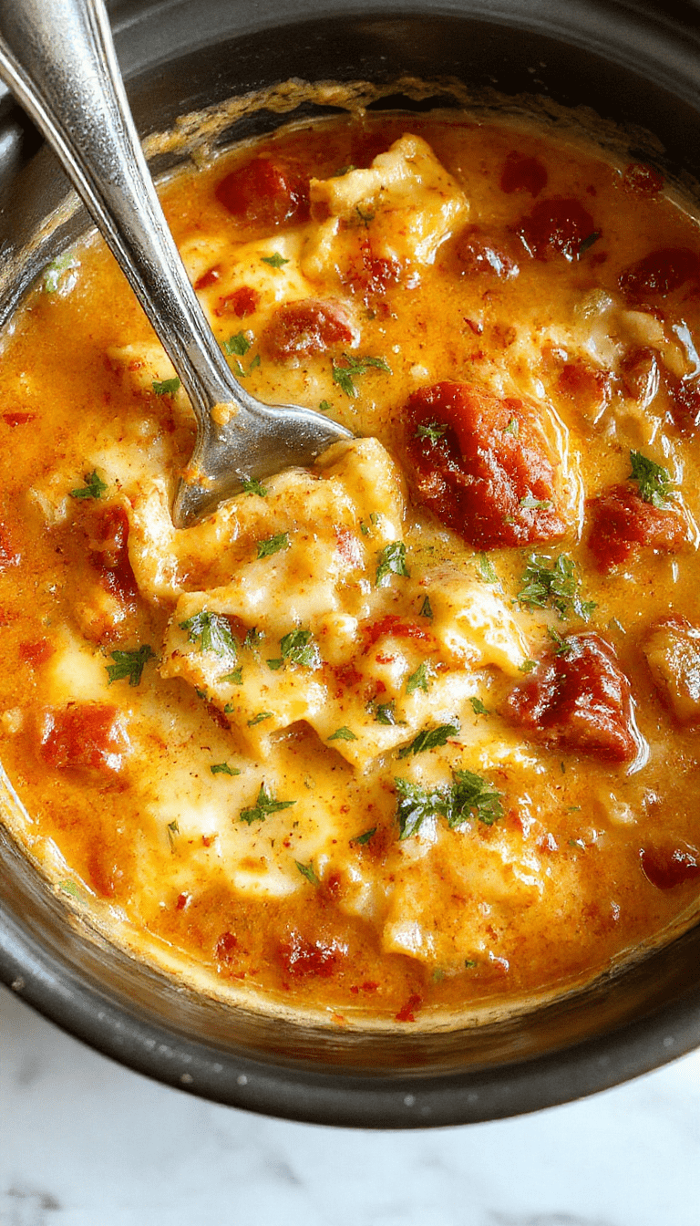 A vibrant bowl of steaming lasagna soup featuring layers of melted cheese, rich tomato broth, and tender pasta topped with fresh basil and grated Parmesan, served on a rustic wooden table with a spoon and a side of garlic bread. The dish's colorful ingredients and hearty textures highlight warmth and comfort.