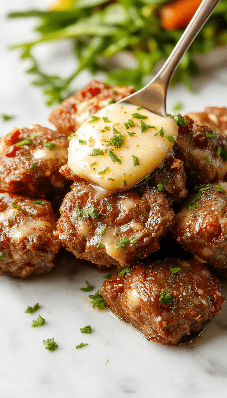 Vibrant plate of tender beef bites glazed with shiny garlic butter sauce, garnished with fresh herbs, served on a rustic white platter with a side of roasted vegetables, showcasing glossy textures and warm golden tones.