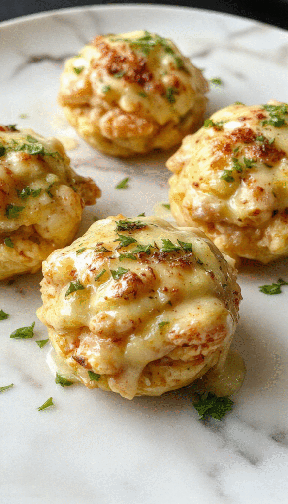 A close-up of golden-brown chicken bites coated in garlic butter sauce, nestled on a bed of creamy pasta topped with parsley, with a drizzle of extra sauce and a sprinkle of herbs, styled on a rustic plate with fresh garlic and herbs in the background.