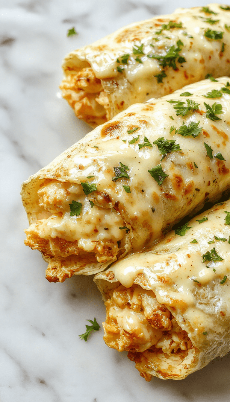 A close-up of golden-brown chicken wraps filled with melted cheese, crisp lettuce, and a drizzle of garlic sauce. The wraps are neatly sliced, showcasing the gooey cheese and tender chicken inside, presented on a rustic plate with fresh herbs and colorful vegetables in the background. The vibrant colors and crispy textures make this dish look mouthwatering and inviting.