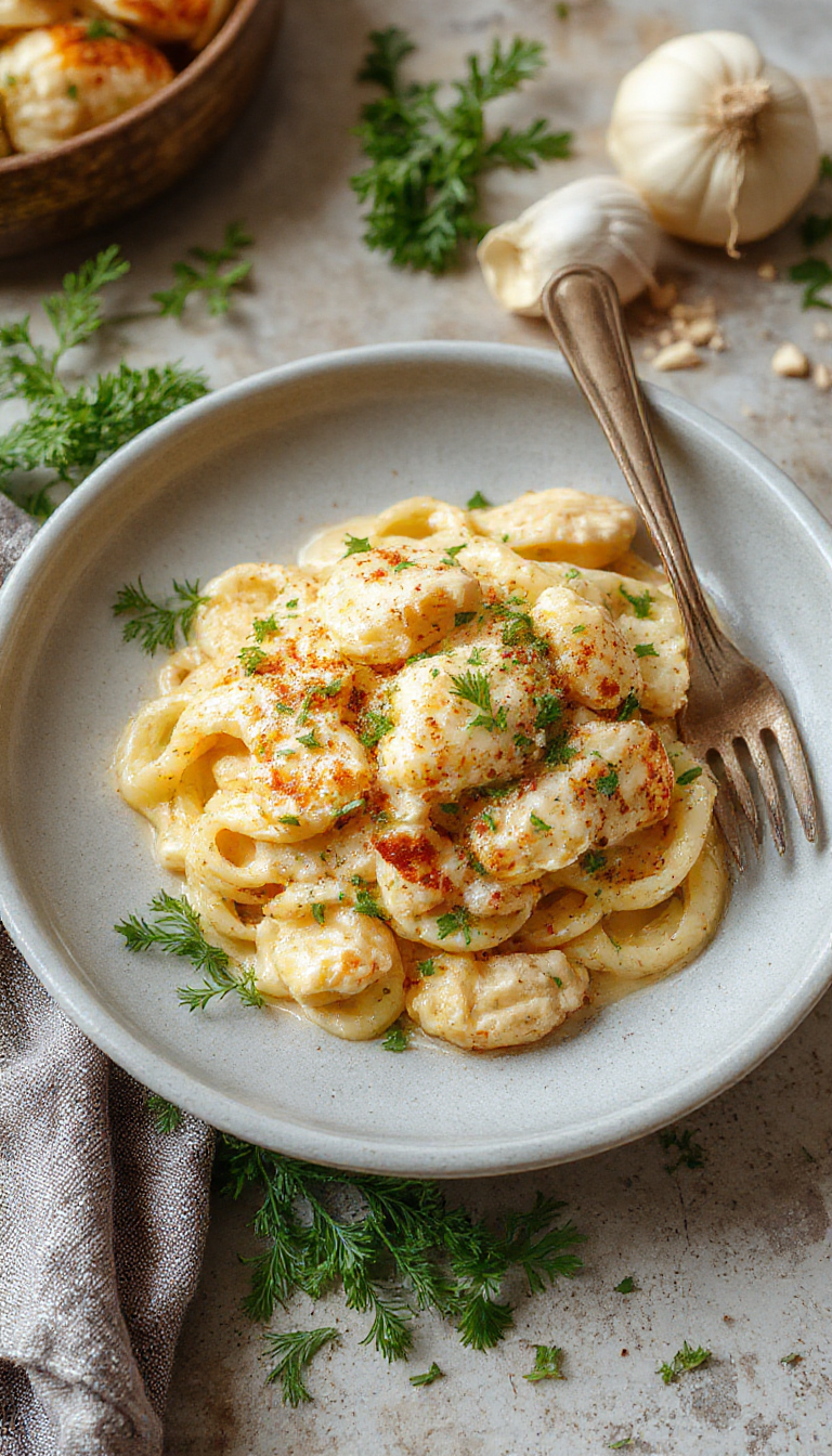 A beautifully plated creamy garlic and herb chicken pasta with tender chicken slices, fresh herbs, and a rich sauce garnished with parsley on a white plate.