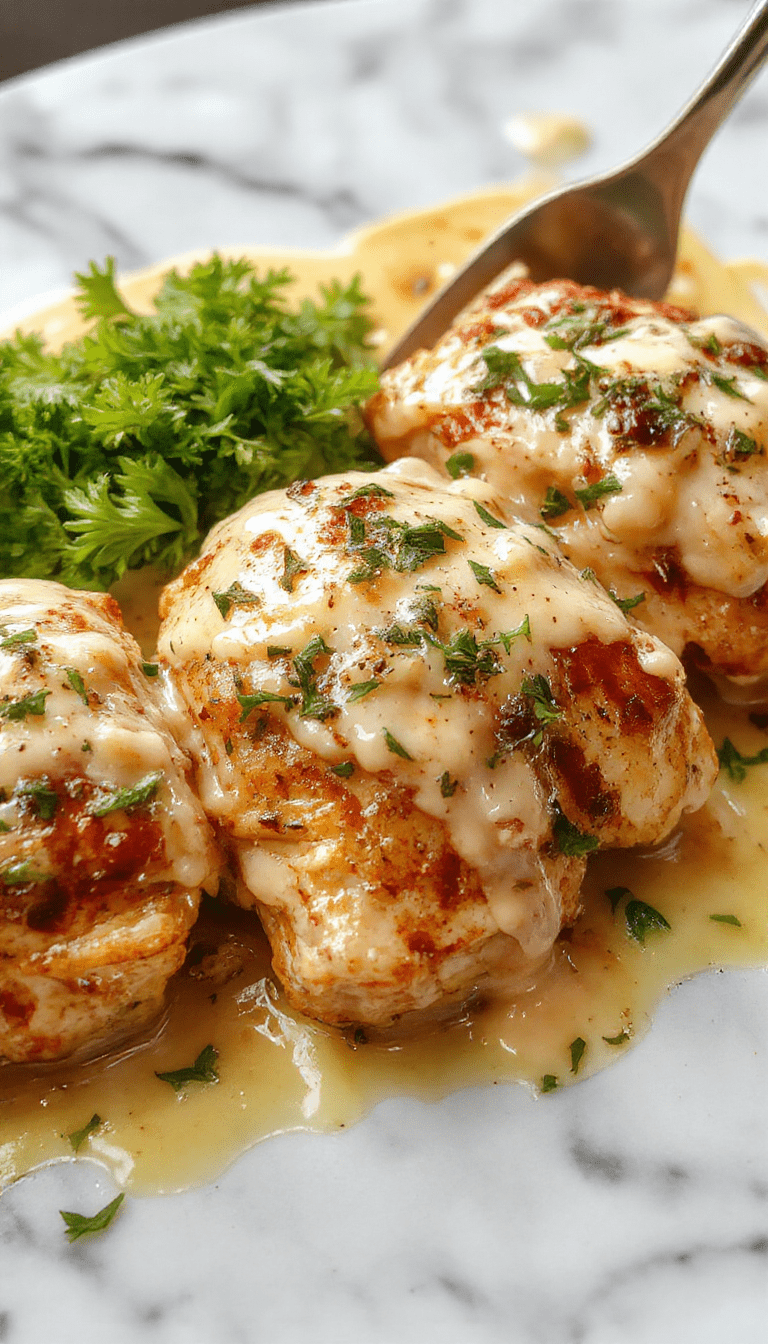A close-up of a beautifully plated creamy garlic parmesan chicken dish featuring golden-brown chicken breasts topped with a rich, creamy garlic sauce and sprinkled with grated parmesan cheese. The plate is styled with fresh parsley and served alongside roasted vegetables, with a smooth, creamy texture visible on the sauce and a hint of herbs for garnish.