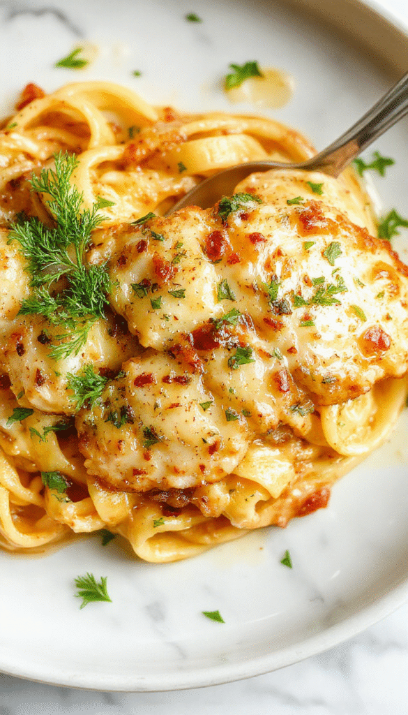 A vibrant plate of creamy garlic parmesan chicken pasta featuring tender sliced chicken, al dente pasta coated in a rich, creamy sauce with visible garlic and parmesan shavings, garnished with fresh parsley on a rustic wooden table with a serving fork placed beside.