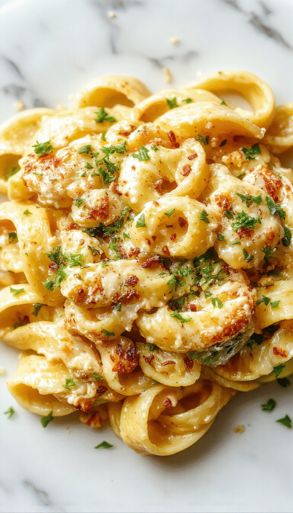 A vibrant plate of creamy garlic Parmesan chicken pasta artfully arranged with tender chicken slices mixed with al dente pasta, sprinkled with freshly grated Parmesan and chopped parsley, against a rustic wooden background with colorful vegetables and a drizzle of sauce for a tempting and appealing presentation.