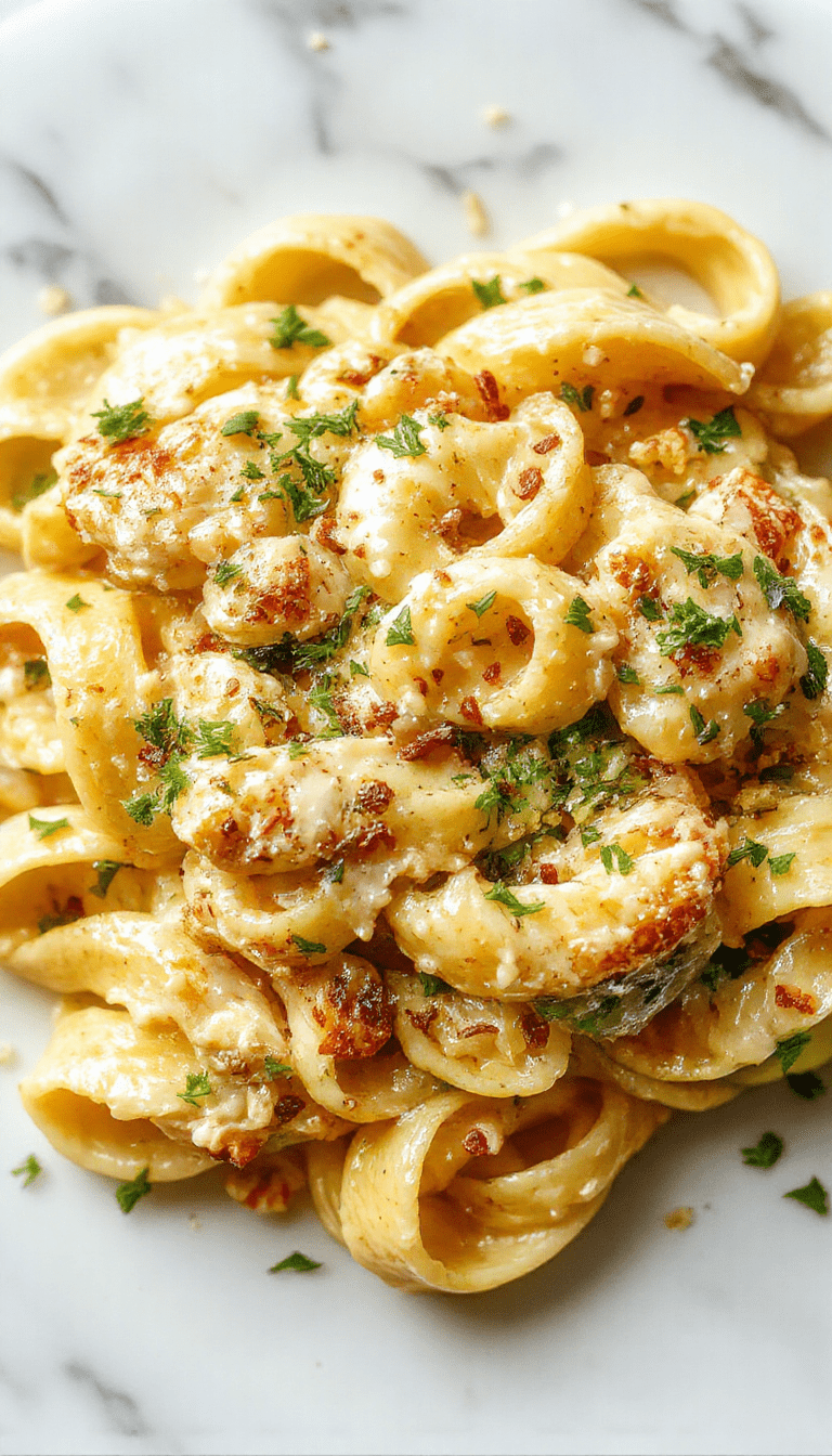 A vibrant plate of creamy garlic Parmesan chicken pasta artfully arranged with tender chicken slices mixed with al dente pasta, sprinkled with freshly grated Parmesan and chopped parsley, against a rustic wooden background with colorful vegetables and a drizzle of sauce for a tempting and appealing presentation.