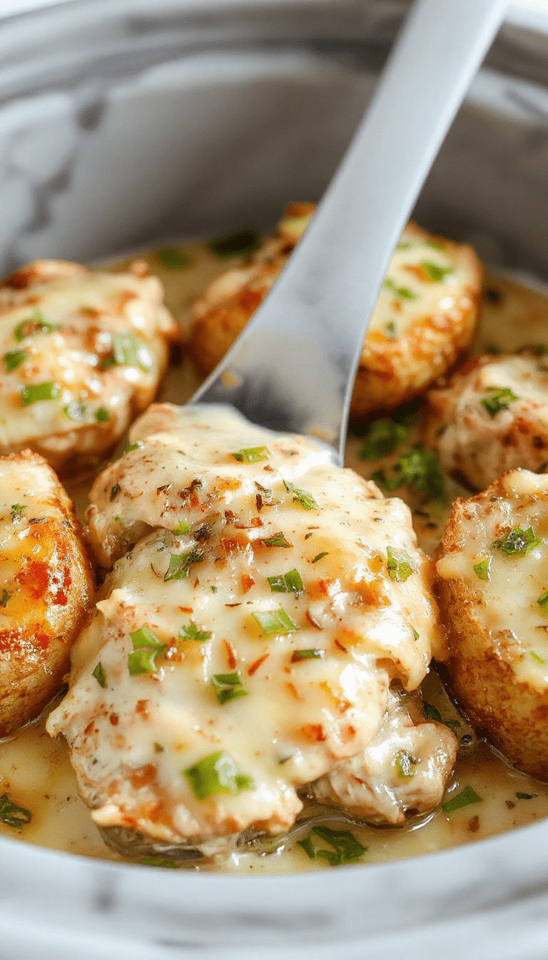 A vibrant plated dish featuring tender shredded chicken and crispy roasted potatoes, coated in a creamy garlic parmesan sauce with fresh parsley garnishing, styled on a rustic white plate with a side of green vegetables, set against a warm wooden background.