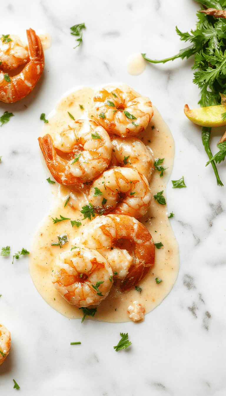 A vibrant plate of creamy garlic shrimp showcasing golden-brown shrimp coated in a rich, buttery garlic sauce. The dish is garnished with fresh parsley, served on a white plate with a side of lemon wedges, set against a rustic wooden table with scattered garlic cloves and chopped herbs, emphasizing the textures and savory appeal.