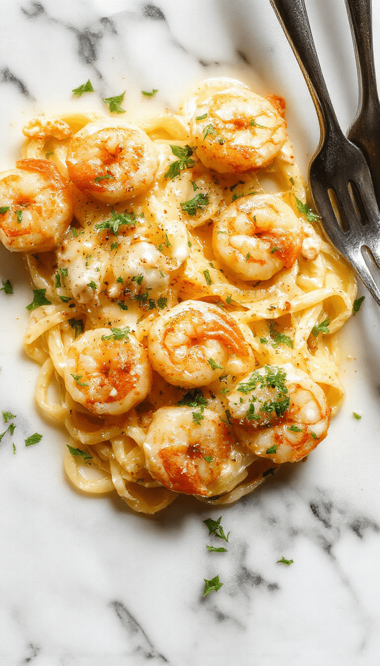 A close-up of a white plate filled with creamy shrimp pasta topped with chopped parsley and grated Parmesan cheese. The pasta is coated in a rich, garlicky sauce with plump, pink shrimp visible throughout. The dish is garnished with fresh herbs and served against a rustic wooden background, with some garlic cloves and lemon wedges nearby for a vibrant, appetizing presentation.