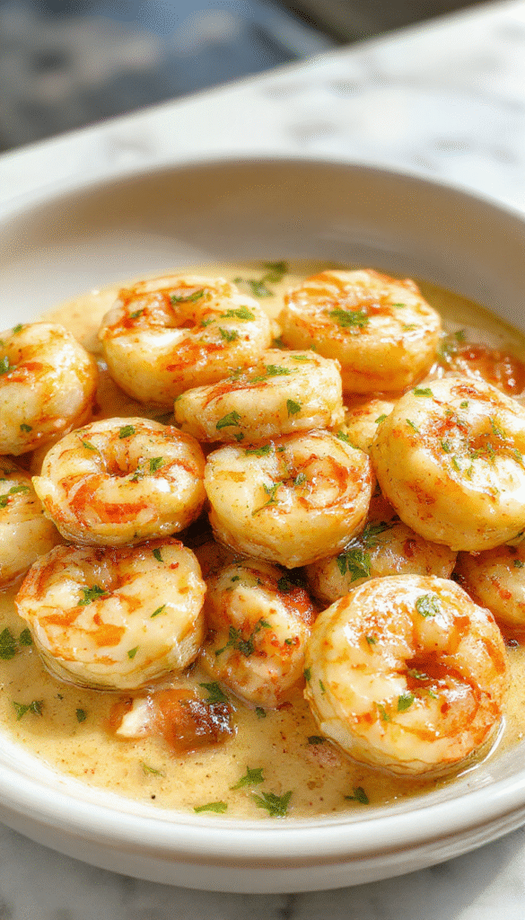 A vibrant plate featuring tender shrimp coated in a rich creamy garlic sauce, garnished with fresh parsley, served on a white plate with a lemon wedge and toasted bread in the background, highlighting the glossy texture, vibrant colors, and elegant presentation.