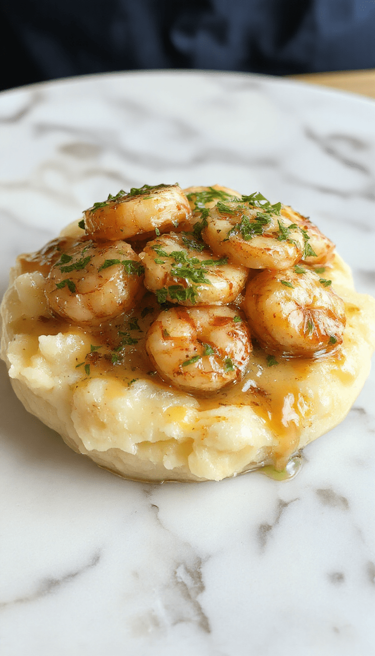 A close-up of a white plate featuring tender shrimp coated in a creamy garlic sauce, garnished with fresh parsley, served over smooth, buttery mashed potatoes with a golden-brown crust on the potatoes' edges, styled with a sprig of parsley on top and a side of lemon wedges, all presented on a rustic wooden table with a drizzle of sauce for an inviting look.