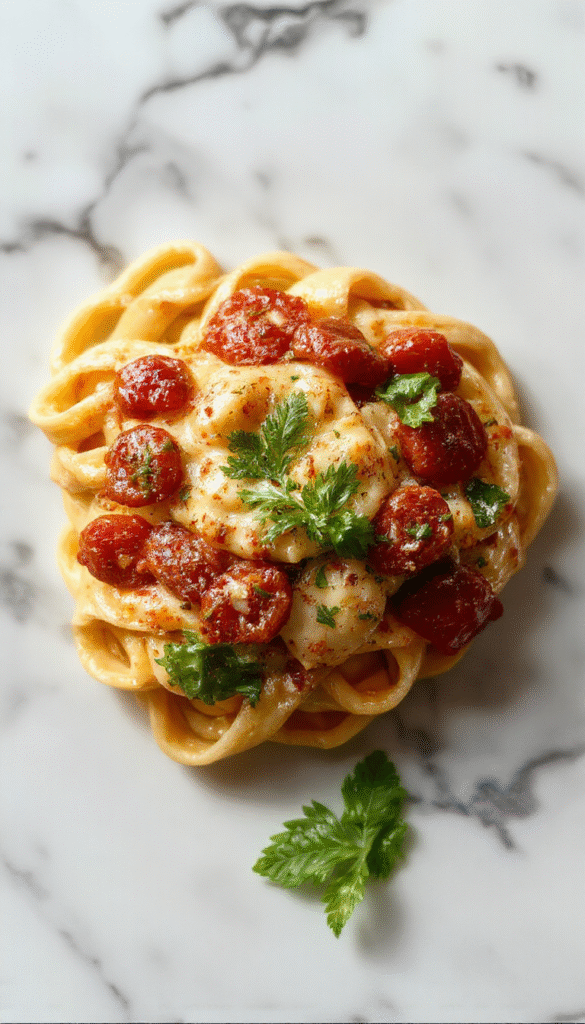 A vibrant plate of creamy garlic tomato pasta featuring a rich, smooth sauce with cherry tomato halves and fresh basil, garnished with grated cheese and drizzled with olive oil, beautifully styled on a rustic white plate with a fork twirling the pasta, set against a warm, inviting background.