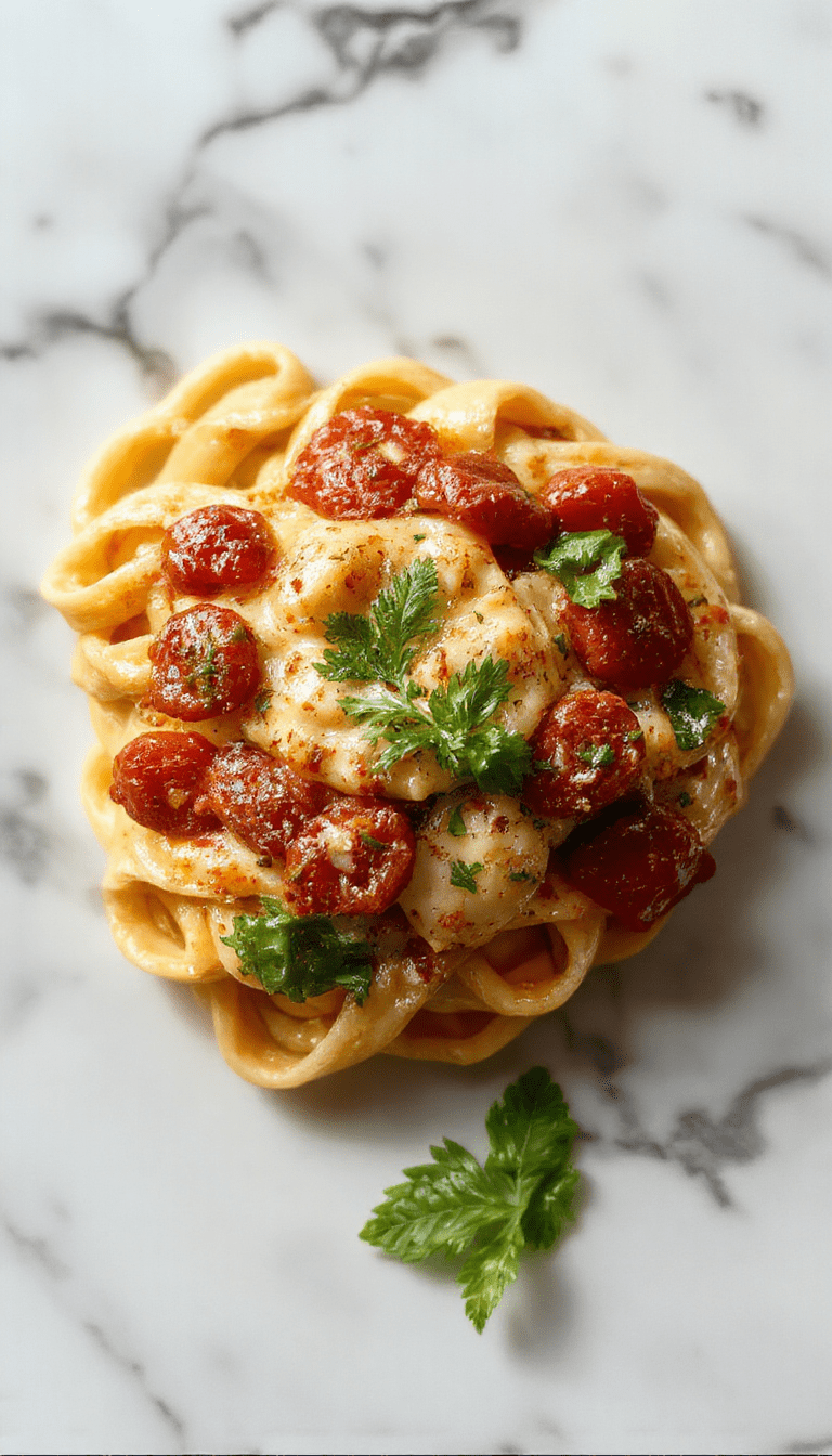 A vibrant plate of creamy garlic tomato pasta featuring a rich, smooth sauce with cherry tomato halves and fresh basil, garnished with grated cheese and drizzled with olive oil, beautifully styled on a rustic white plate with a fork twirling the pasta, set against a warm, inviting background.