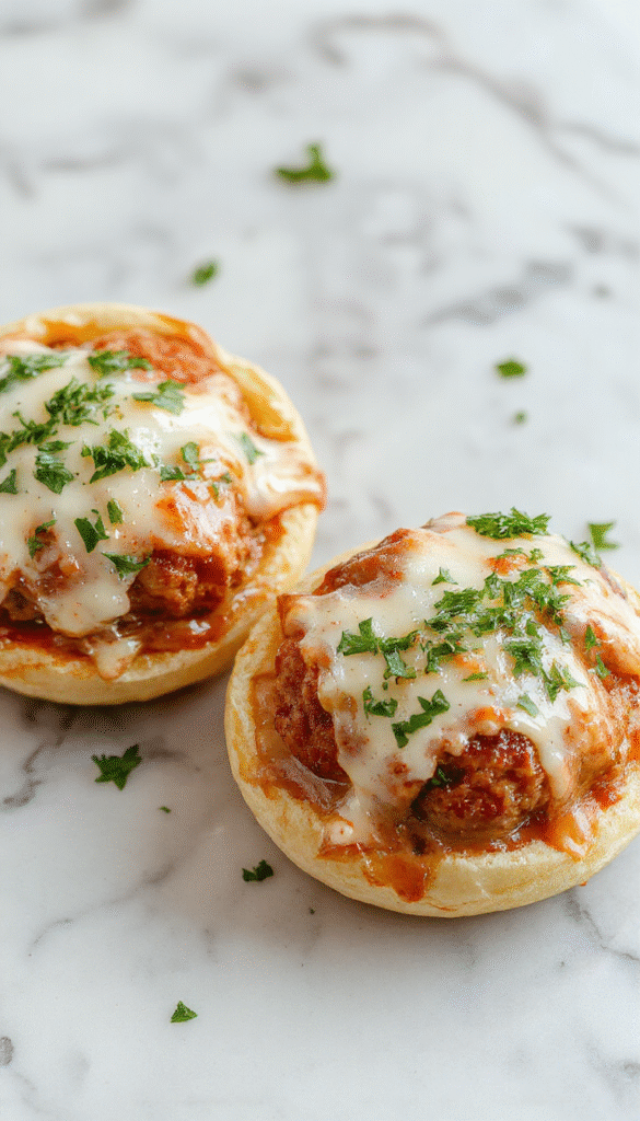 A close-up of a plate of tender, golden-brown Italian meatballs topped with melted cheese and fresh herbs, served alongside a spicy marinara sauce. The meatballs are round, juicy, and bursting with herbs, with a glossy finish from the melted cheese. The dish is beautifully plated on a rustic white plate, garnished with basil leaves and drizzled sauce, evoking a warm and inviting Italian culinary scene.