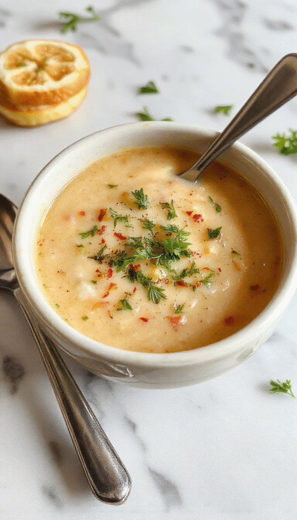 A vibrant bowl of Italian Penicillin Soup featuring a rich, creamy broth filled with tender chicken pieces, fresh herbs, and roasted garlic, garnished with parsley on a rustic wooden table with a slice of crusty bread on the side, highlighting warm, inviting colors and textures.