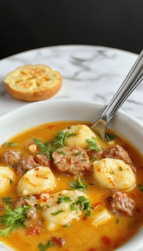 A vibrant bowl of creamy Italian sausage gnocchi soup showcasing golden brown sausage pieces, soft gnocchi, fresh spinach, and melted cheese on top, served in a rustic white bowl with a spoon, garnished with fresh herbs, against a warm wooden background.