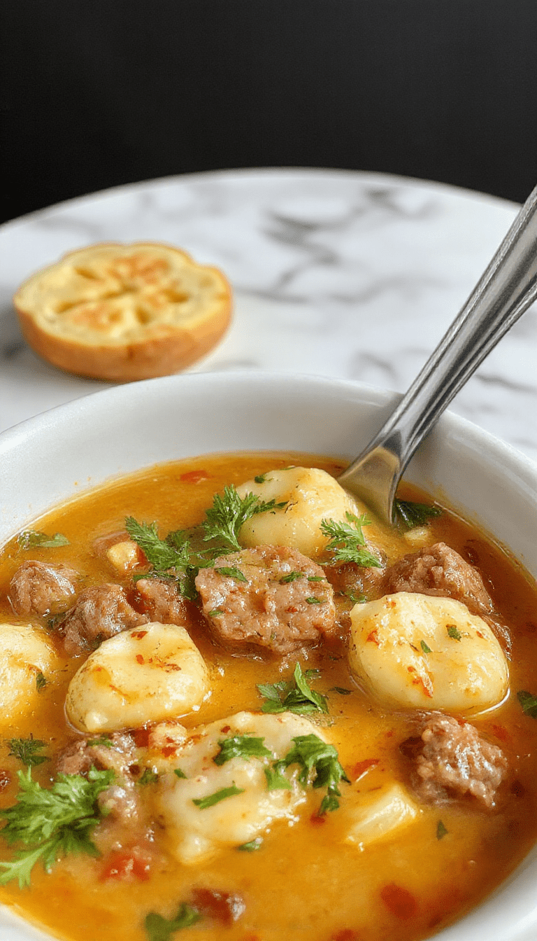 A vibrant bowl of creamy Italian sausage gnocchi soup showcasing golden brown sausage pieces, soft gnocchi, fresh spinach, and melted cheese on top, served in a rustic white bowl with a spoon, garnished with fresh herbs, against a warm wooden background.