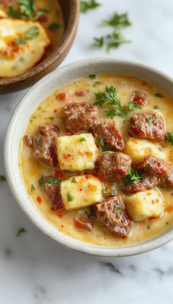 A steaming bowl of creamy Italian sausage gnocchi soup garnished with fresh herbs, showing tender gnocchi, slices of sausage, and vibrant green spinach in a rich, creamy broth, styled with a rustic wooden spoon and a folded napkin.