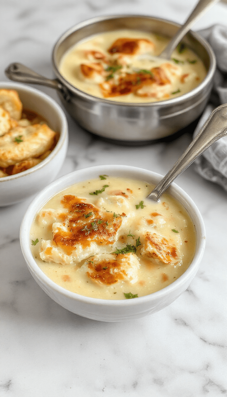 A vibrant bowl of keto chicken pot pie soup featuring shredded chicken, creamy broth, and tender vegetables topped with a sprinkle of fresh herbs. The soup is in a rustic white bowl placed on a wooden table, with garnishes of chopped parsley and slices of keto-friendly bread in the background, highlighting the warm, comforting textures and inviting colors of the dish.