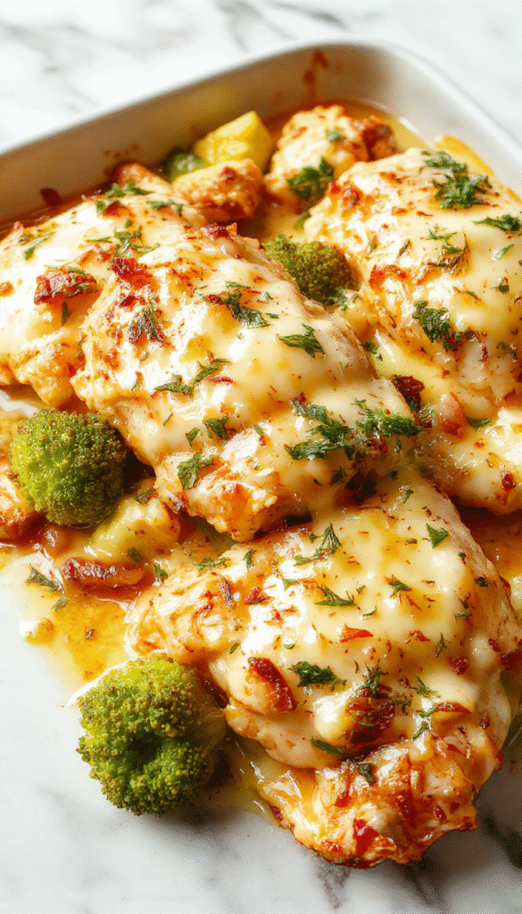 A close-up of a creamy chicken casserole served in a rustic white baking dish, topped with melted cheese, herbs, and chopped green onions, with a golden-brown crust and a creamy sauce visible beneath. The background features fresh ingredients like chicken, spinach, and cheese, styled invitingly on a wooden table.