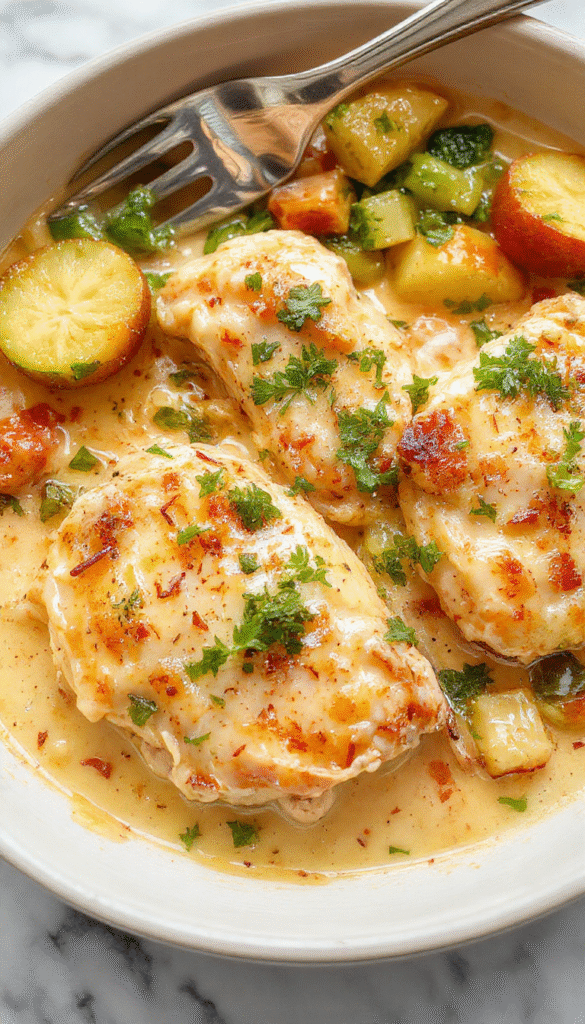 A vibrant dish featuring a golden-brown baked chicken casserole topped with melted cheese and fresh herbs. The casserole is served in a rustic glass baking dish, with tender chunks of chicken, colorful vegetables, and a creamy sauce visible from the side. The presentation is appetizing, with steam rising and a sprinkle of parsley, set on a wooden table with a side of leafy greens.