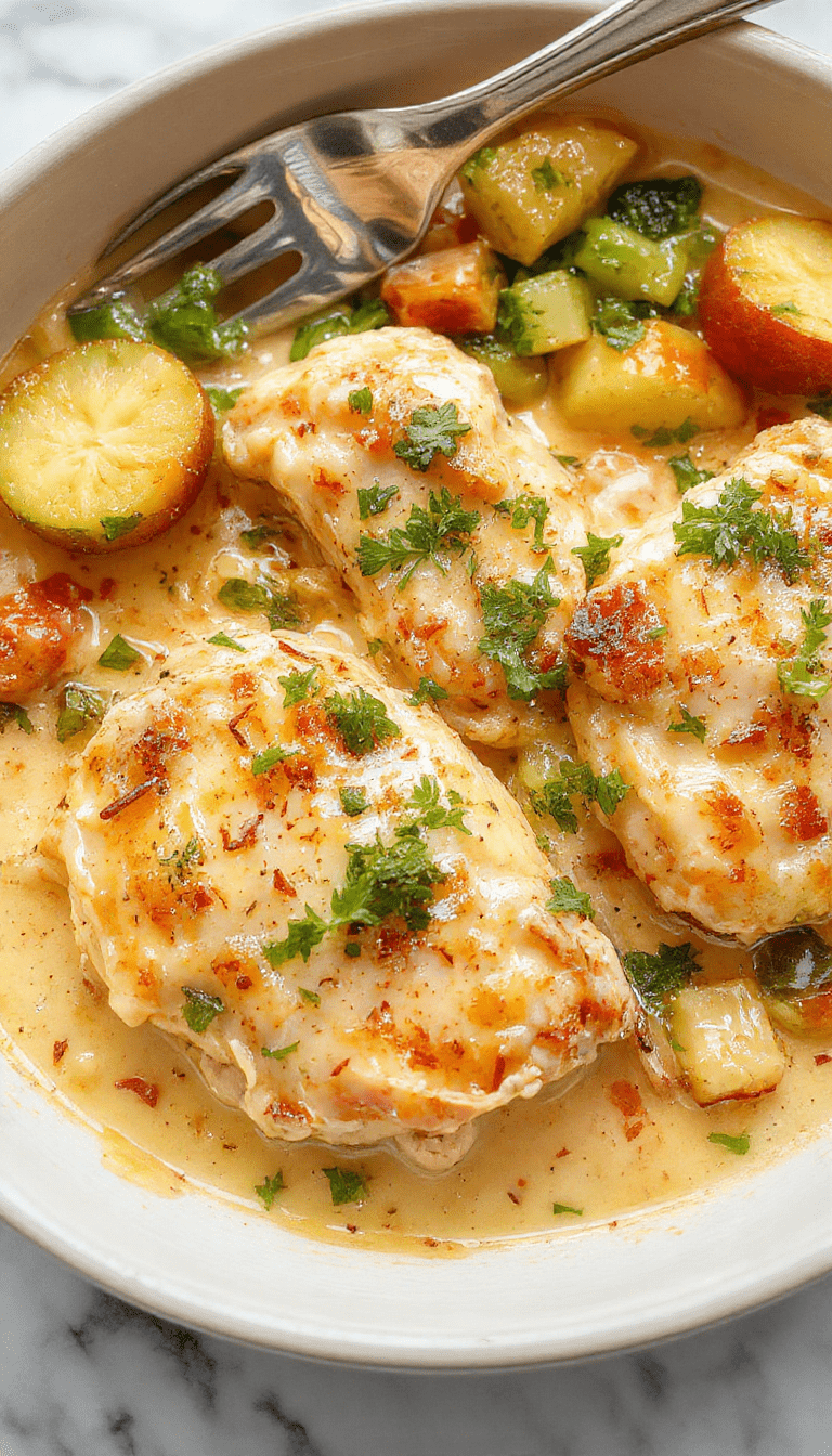 A vibrant dish featuring a golden-brown baked chicken casserole topped with melted cheese and fresh herbs. The casserole is served in a rustic glass baking dish, with tender chunks of chicken, colorful vegetables, and a creamy sauce visible from the side. The presentation is appetizing, with steam rising and a sprinkle of parsley, set on a wooden table with a side of leafy greens.