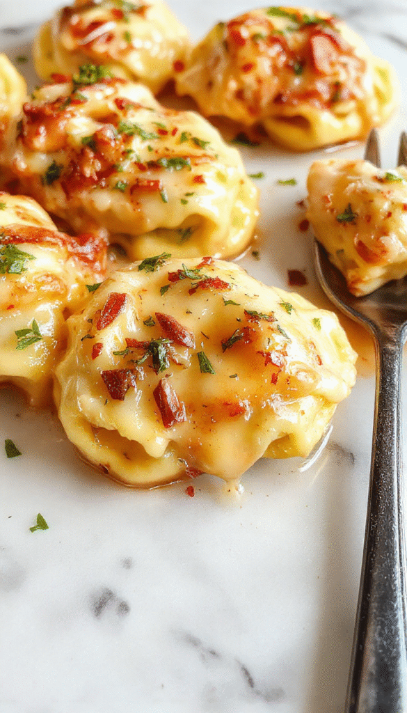 A vibrant plate of cheesy tortellini pasta coated in a rich creamy sauce, garnished with fresh basil and sprinkled with grated Parmesan, styled on a white plate with a rustic wooden background.