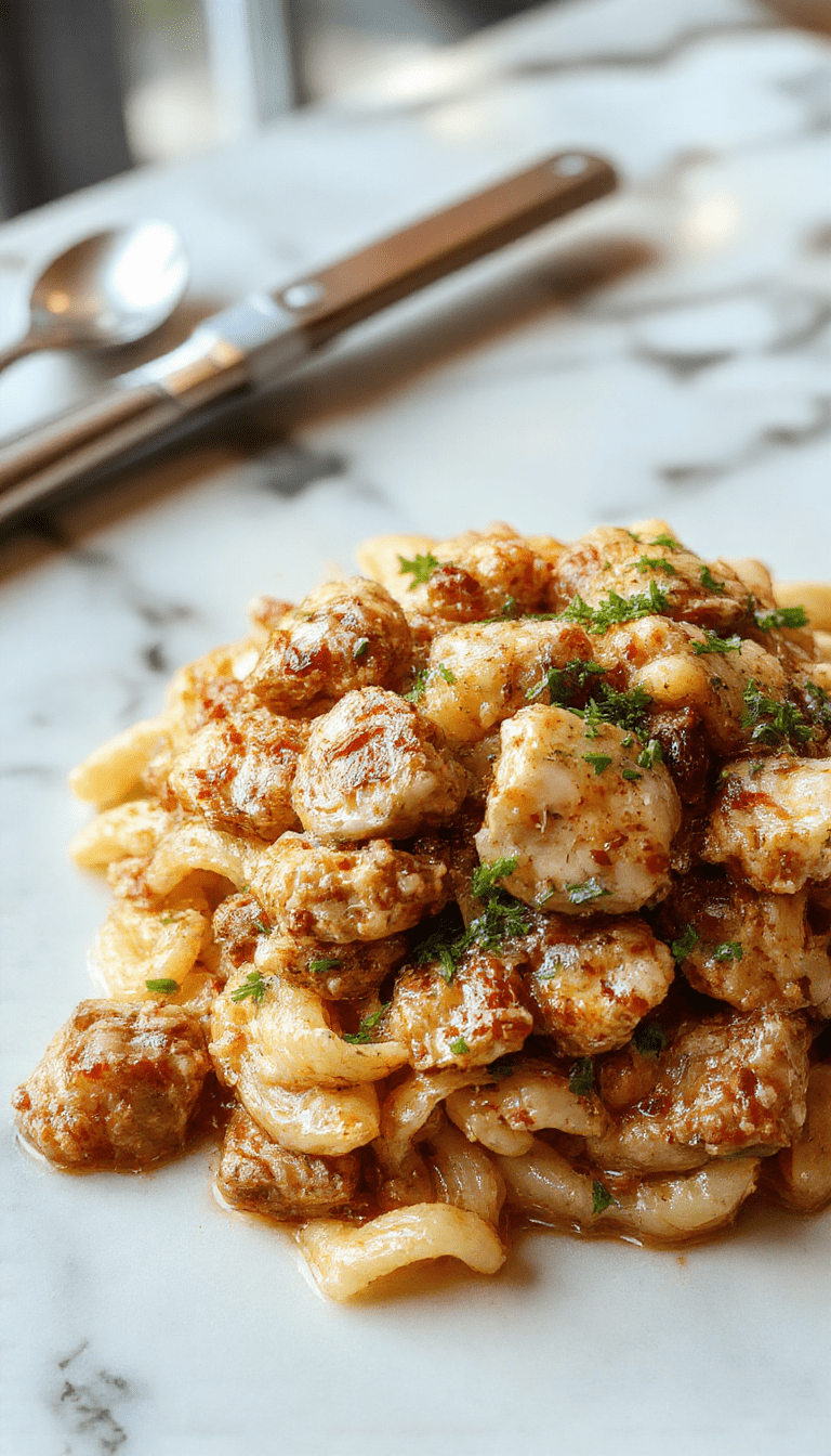 A vibrant plate of creamy Marsala chicken orzo featuring golden-brown chicken pieces topped with a rich sauce, garnished with fresh herbs, served alongside perfectly cooked orzo pasta with a glossy, flavorful finish, styled artfully on a rustic wooden table.