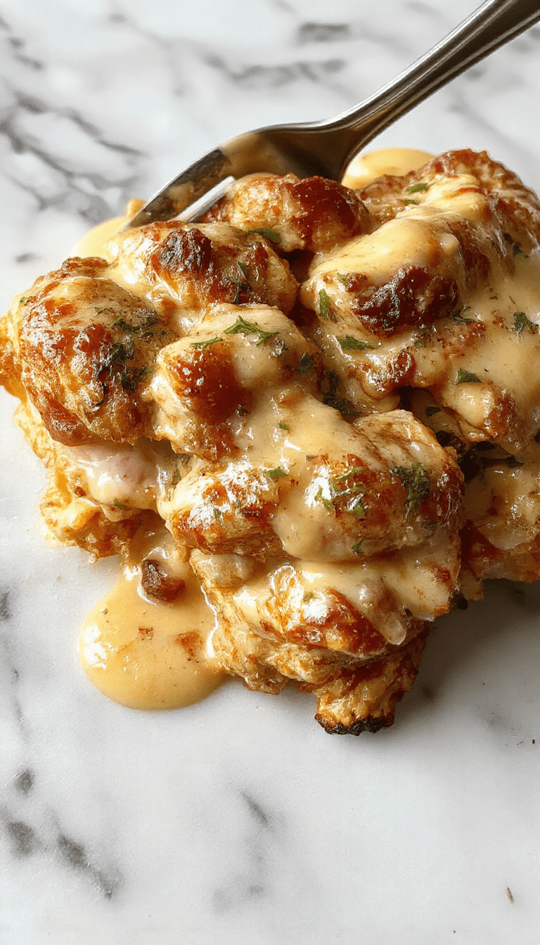 A close-up of perfectly cooked melt in your mouth chicken pieces arranged artfully on a white plate, glazed with a glossy, savory sauce, garnished with fresh herbs. The chicken's golden-brown crust contrasts with the tender, juicy interior. The dish is styled with a rustic wooden table in the background, enhancing its warm, comforting appeal.