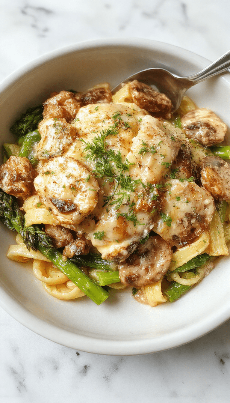 A vibrant plate featuring al dente penne pasta coated in a creamy sauce with sliced mushrooms, tender asparagus spears, and juicy grilled chicken pieces, garnished with fresh herbs on a rustic wooden table