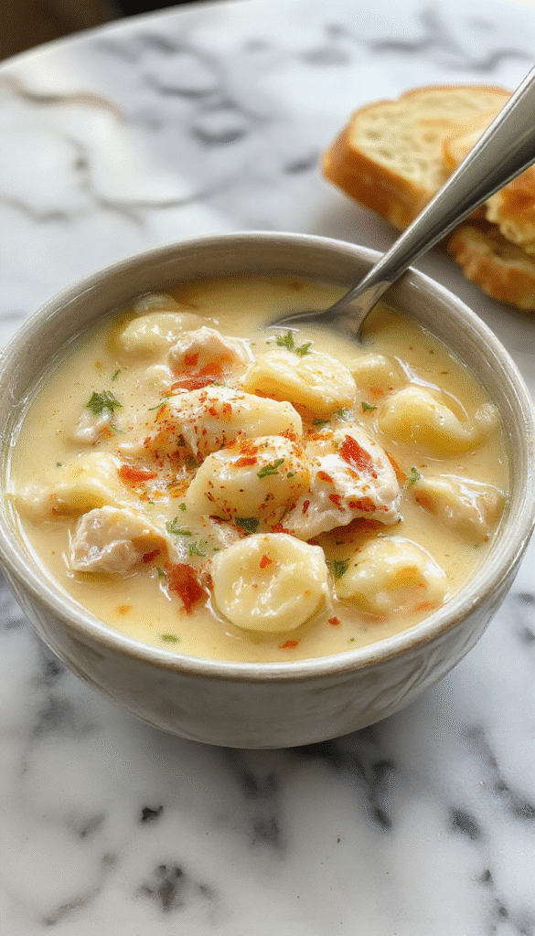 A bowl of creamy chicken gnocchi soup with vibrant green spinach, tender chicken pieces, soft gnocchi, and a sprinkle of parmesan cheese, served in a rustic white bowl with a drizzle of olive oil and fresh herbs on top, set against a warm wooden background.
