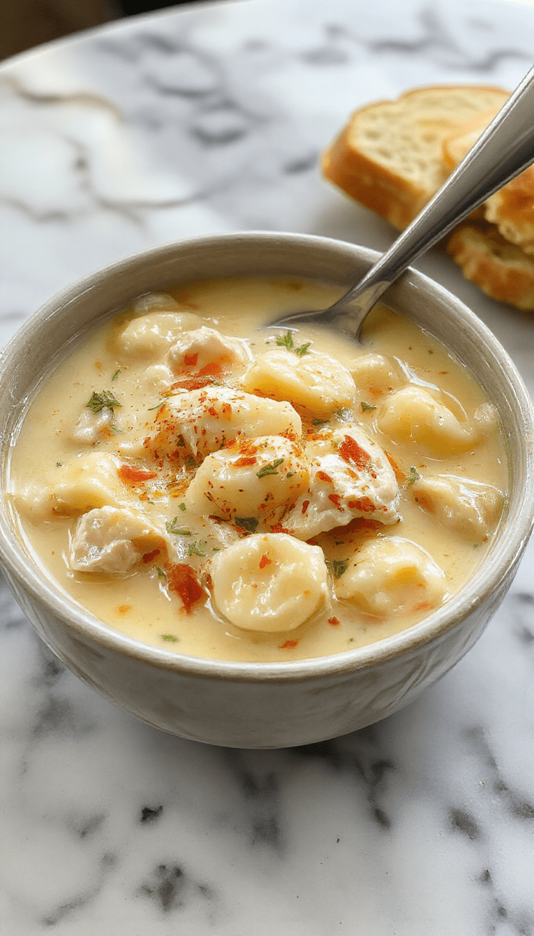 A bowl of creamy chicken gnocchi soup with vibrant green spinach, tender chicken pieces, soft gnocchi, and a sprinkle of parmesan cheese, served in a rustic white bowl with a drizzle of olive oil and fresh herbs on top, set against a warm wooden background.
