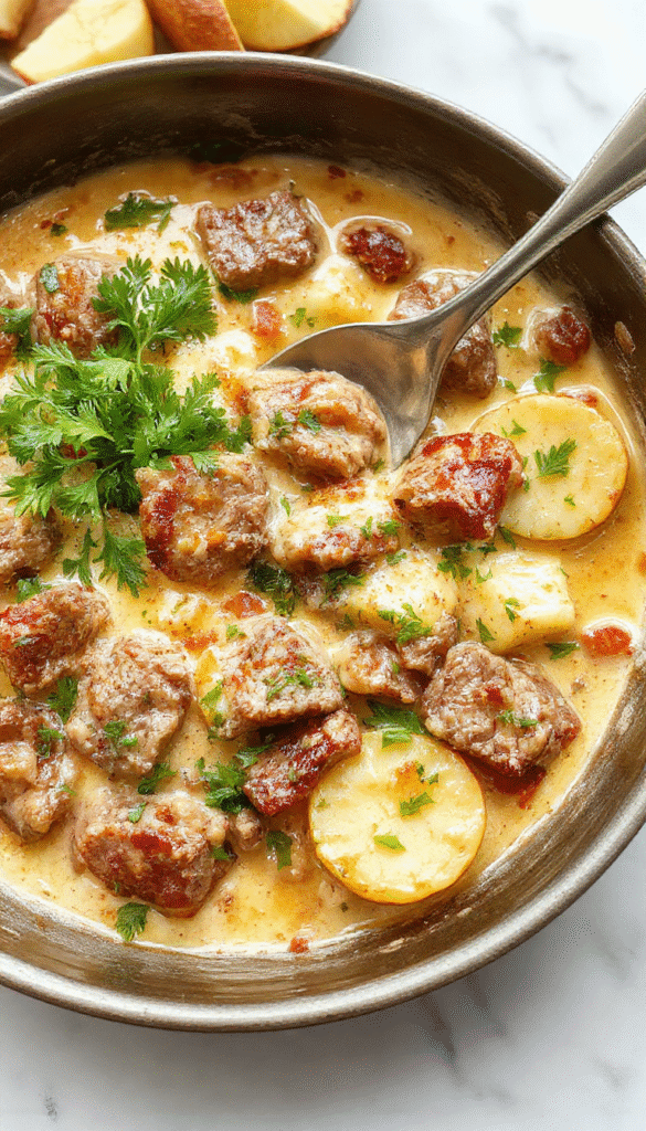 A vibrant, appetizing skillet plate featuring golden-brown crispy potatoes topped with tender sliced meat and a creamy white sauce, garnished with fresh parsley. The dish is served on a rustic wooden table with steam rising, showcasing a hearty and comforting look with colorful vegetables and a sprinkle of herbs for visual appeal.