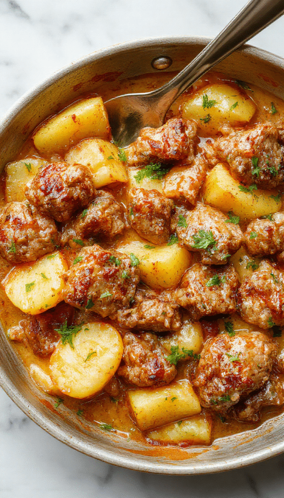 A vibrant, close-up image of a one-pan skillet filled with tender slices of beef and golden potatoes in a creamy sauce, garnished with green herbs, served on a rustic wooden table with a fork resting beside it.