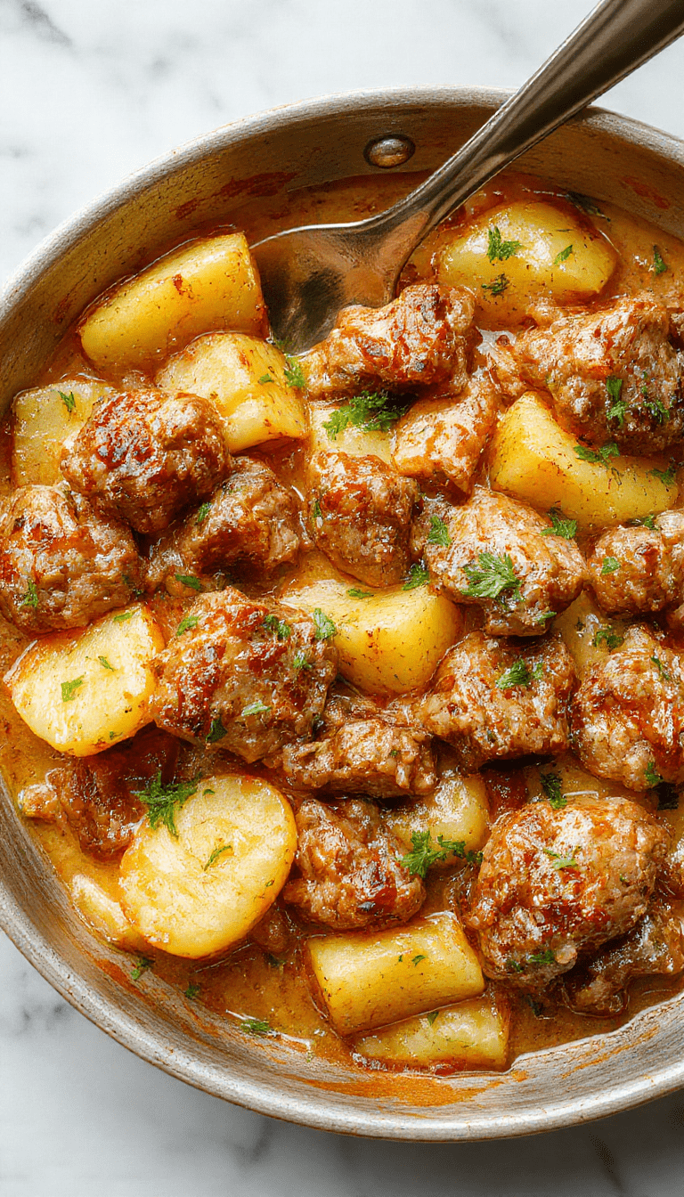 A vibrant, close-up image of a one-pan skillet filled with tender slices of beef and golden potatoes in a creamy sauce, garnished with green herbs, served on a rustic wooden table with a fork resting beside it.