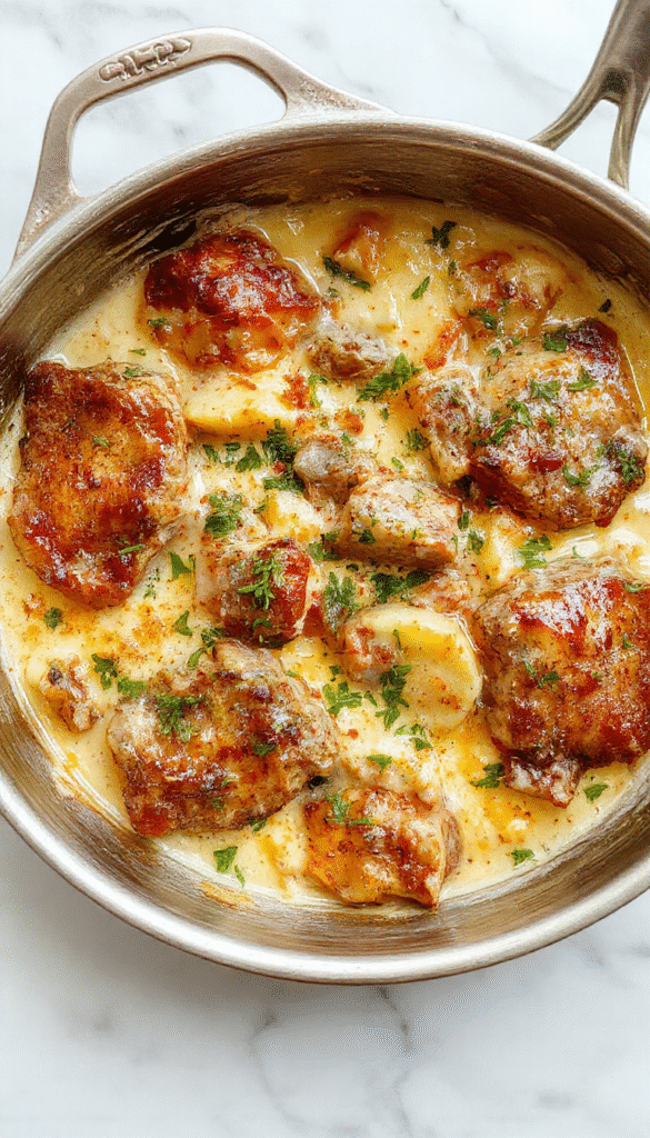 A vibrant skillet filled with creamy meat and golden potatoes garnished with fresh herbs, cooked to perfection with a rich sauce, served on a rustic wooden table.