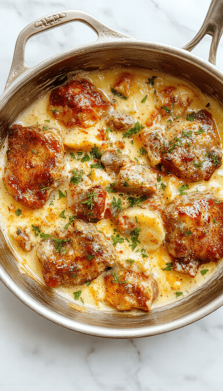 A vibrant skillet filled with creamy meat and golden potatoes garnished with fresh herbs, cooked to perfection with a rich sauce, served on a rustic wooden table.