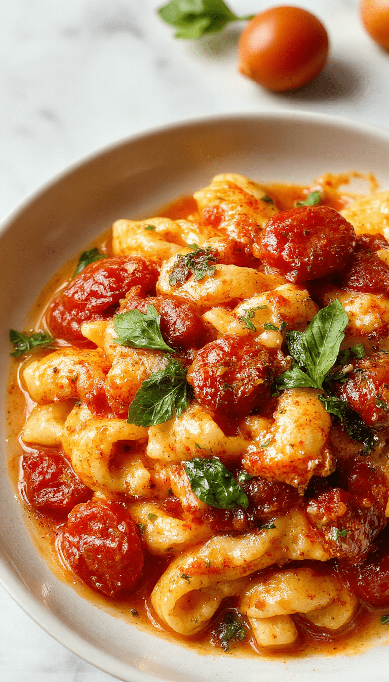 A vibrant plate of creamy tomato pasta garnished with fresh basil and grated cheese, served in a rustic white bowl on a wooden table with a drizzle of olive oil, colorful cherry tomatoes, and a sprinkle of herbs in the background.