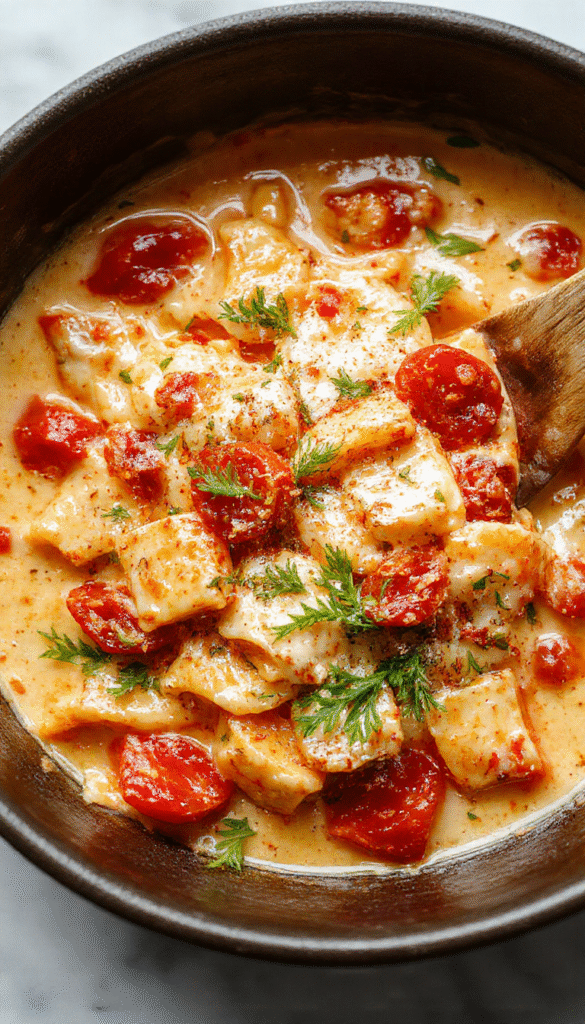 A vibrant bowl of creamy tomato pasta featuring al dente spaghetti coated in a smooth, red tomato sauce with fresh basil leaves on top, served in a rustic white bowl with a wooden spoon, garnished with grated cheese and a drizzle of olive oil, set against a wooden table with scattered cherry tomatoes and basil.