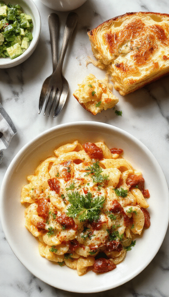 Colorful plated orzo dinner featuring tender pasta mixed with vibrant vegetables and garnished with herbs, served on a sleek white plate with a rustic background, showcasing a creamy texture and fresh ingredients.