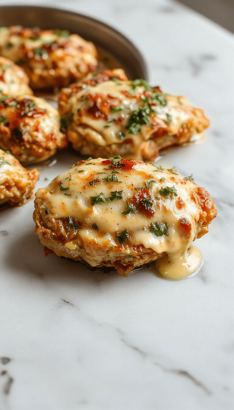 A close-up of golden-brown chicken thighs topped with creamy sauce, arranged neatly on a white plate, garnished with fresh herbs, with a rustic wooden table background, and a side of roasted vegetables in the background, textures showcasing crispy skin and tender meat.