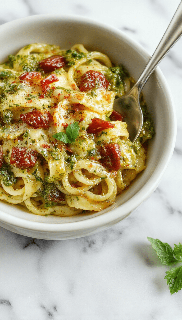 A vibrant bowl of creamy pesto pasta with bright green pesto sauce coating short pasta, topped with fresh basil leaves, grated Parmesan, and cherry tomatoes arranged artfully, all on a rustic wooden table styled with a sprig of basil and a drizzle of olive oil.