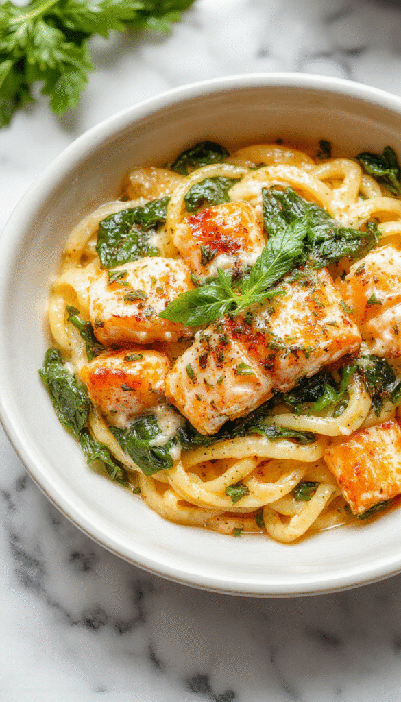 A close-up of a steaming plate of creamy salmon spinach pasta garnished with fresh herbs. The pasta is coated in a luscious white sauce with tender salmon chunks and wilted spinach. The vibrant green spinach contrasts beautifully with the rich, creamy sauce and pink salmon, all served on a white dinner plate with a rustic wooden background.