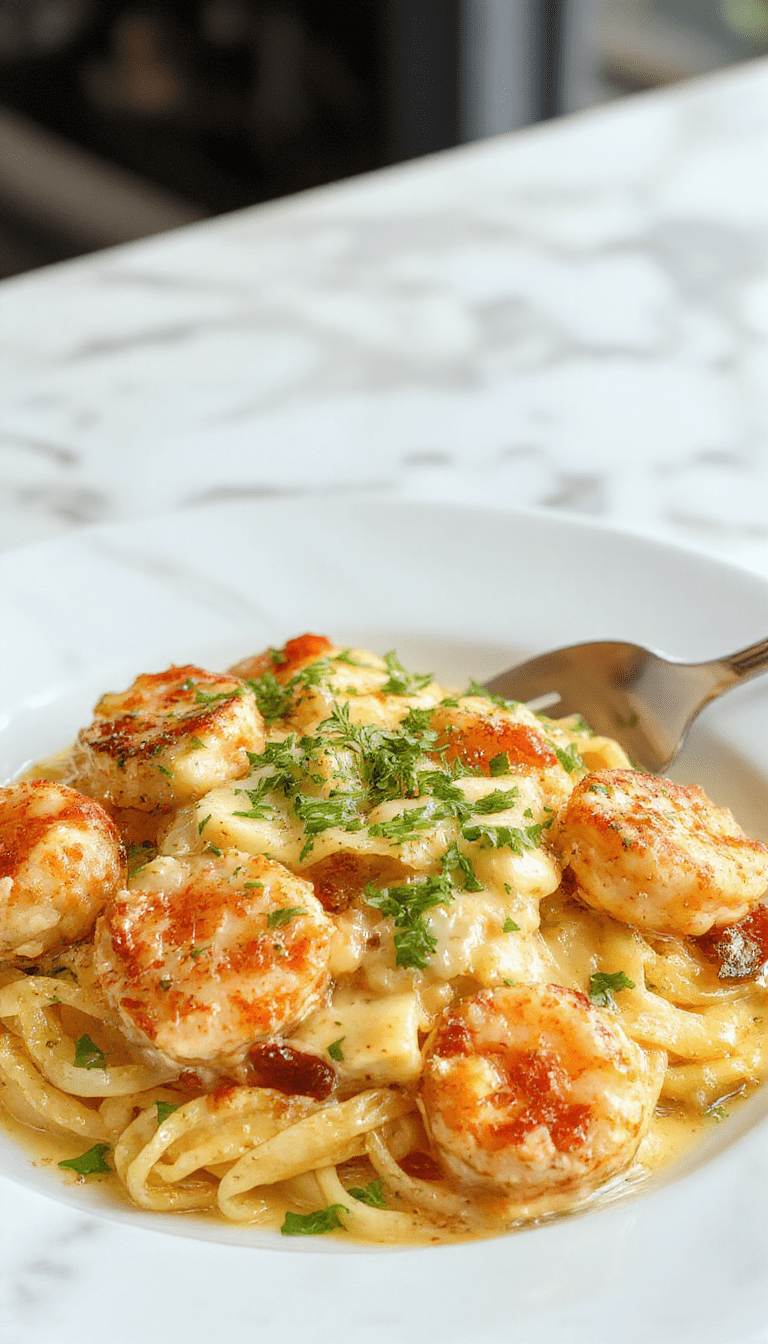 A close-up of creamy seafood stuffed shells plated elegantly on a white dish, filled with a rich mixture of shrimp, crab, and cheese, topped with chopped parsley, with a golden bubbly cheese crust and vibrant garnishes, styled with a rustic wooden background