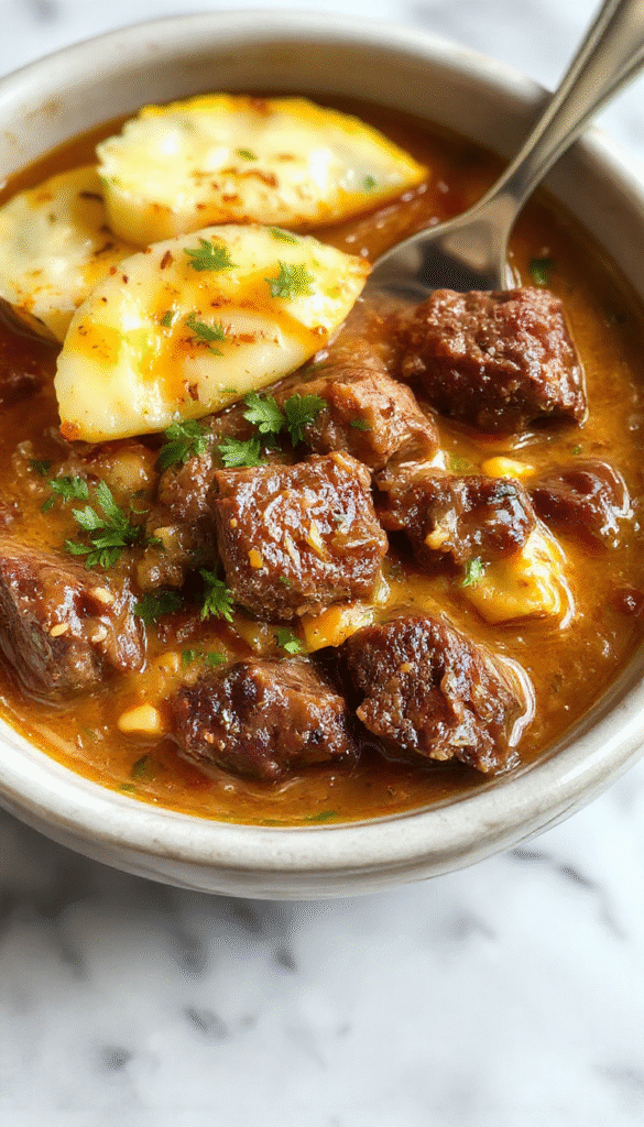 A vibrant plate of beef coconut curry served in a white bowl, showcasing tender beef chunks in a rich, creamy coconut sauce with bright red chili flakes and green herbs, garnished with fresh cilantro, placed on a rustic wooden table with a side of fluffy white rice and colorful vegetables.