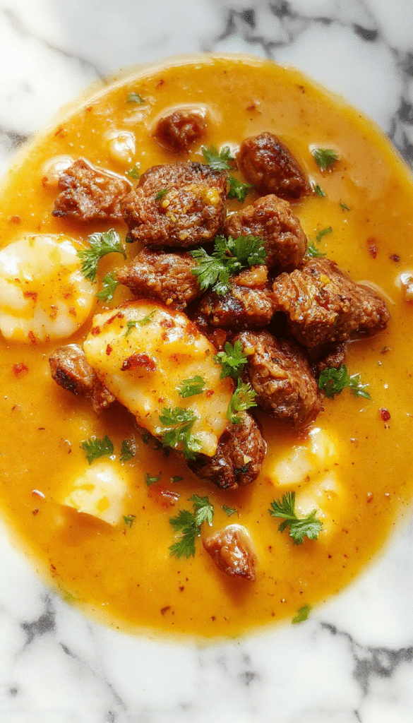 A vibrant bowl of beef coconut curry with tender beef chunks, rich coconut sauce, and colorful vegetables, garnished with cilantro on a rustic wooden table