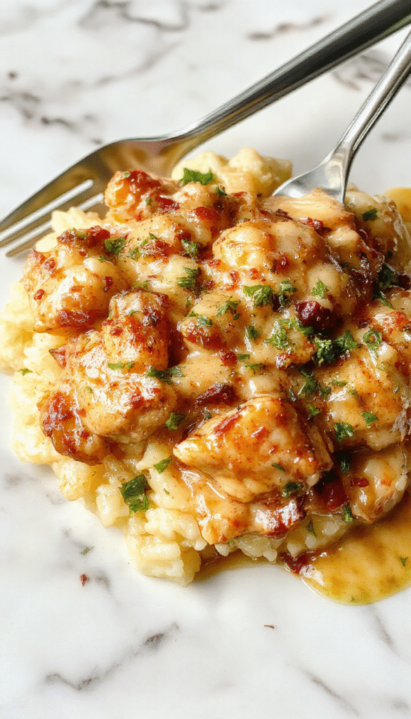 A close-up of a creamy chicken and rice dish plated elegantly with tender chicken smothered in rich sauce, garnished with chopped parsley, served on a rustic white plate with a side of fluffy rice, vibrant green herbs, and a drizzle of creamy sauce, all styled to look appetizing and homey.