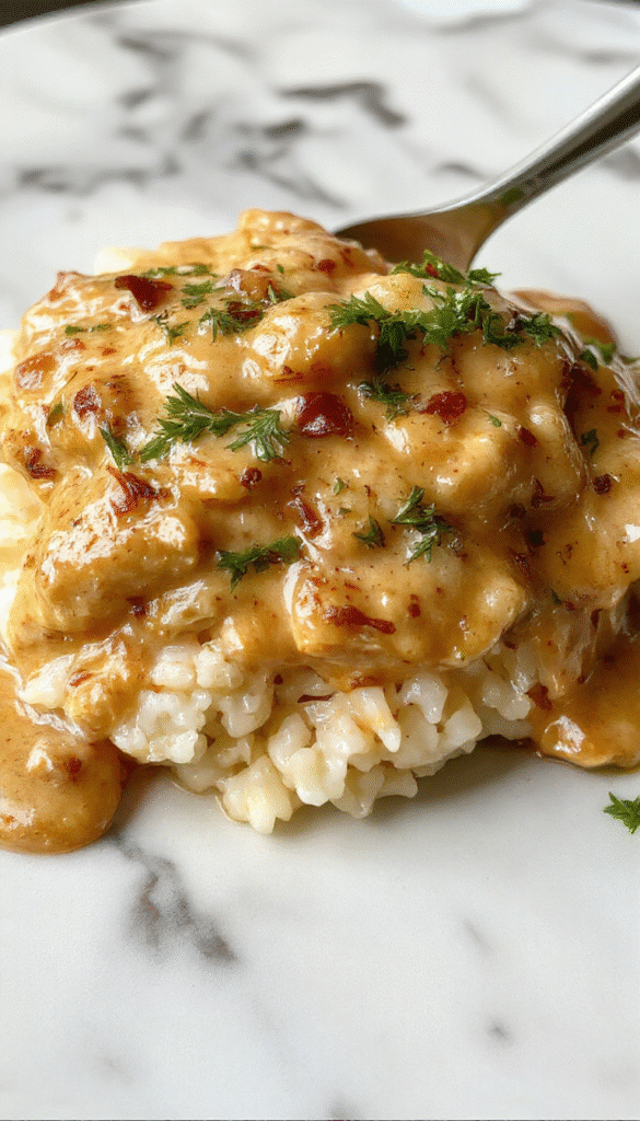 A close-up of a creamy, golden-brown smothered chicken served over fluffy rice on a rustic white plate, garnished with chopped parsley and a side of steamed vegetables, with a cozy kitchen background.